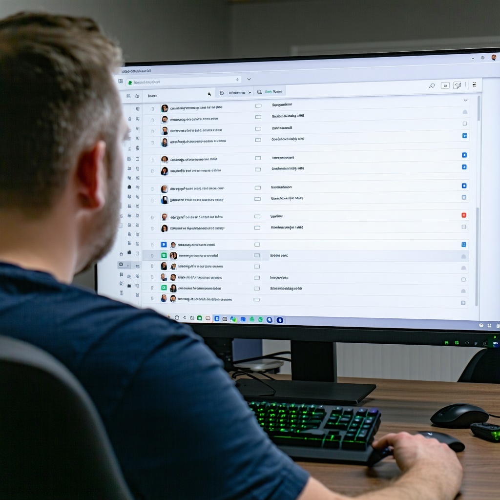 a man sitting at a computer in an office Camera from behind man showing both man and computer screen On the screen is a program with a list of users and check boxes in a table some checked and unchecked-1