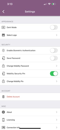 Mobility Settings Pin toggle