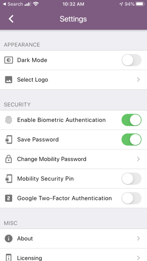 Mobility settings page